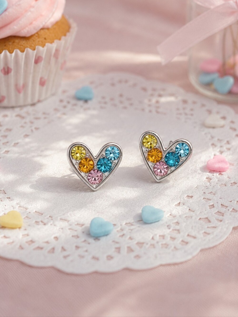Heart Stud Earrings Colorful Cubic Zirconia White Gold Plated Steel 0.35"